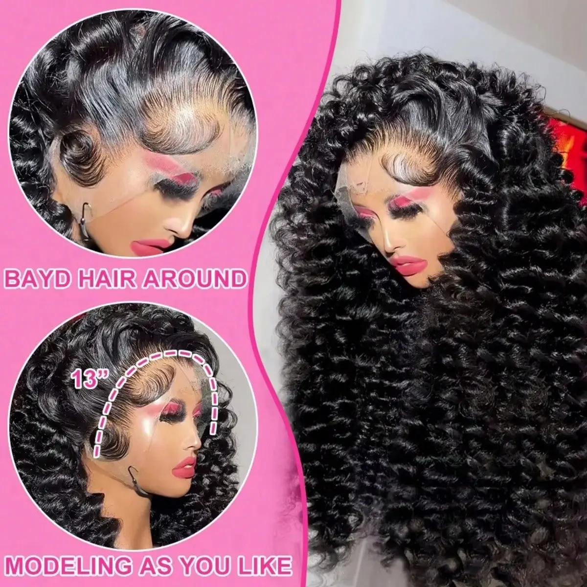 13x4 Deep Wave Lace Front Wig Human Hair 180% Density Wet and Wavy Curly Wig 26 Inch Body Wave Lace Front Wigs Human Hair Pre Plucked 180  main image 3
