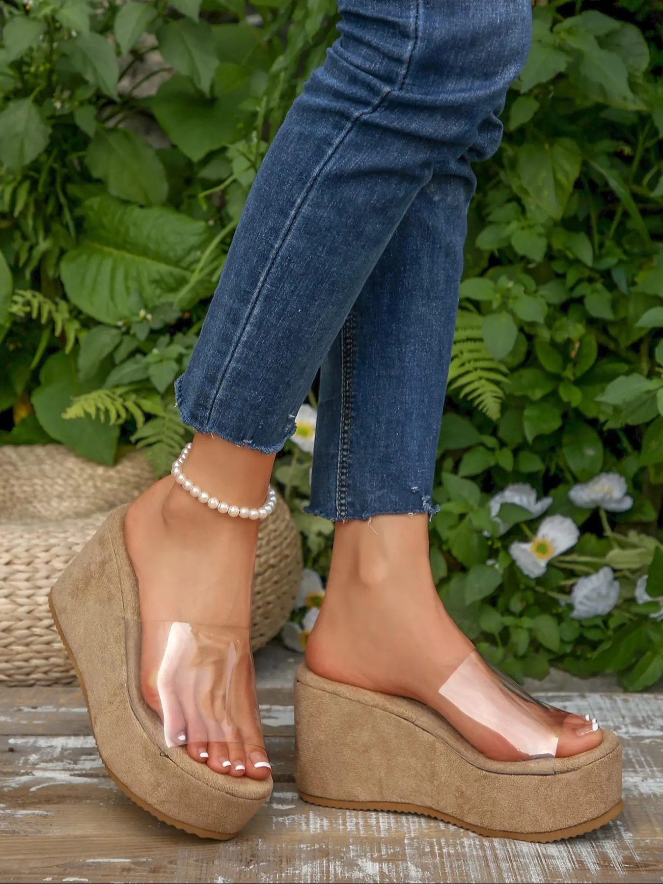 Women's New Wedge Heel Thick Sole Sandals, Transparent Strap Open