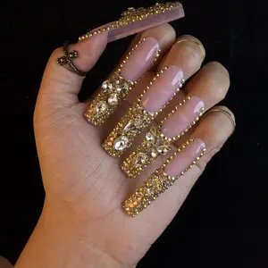 Vivalora 2.1" Handmade Luxury Gold Rhinestone Butterfly Press-On Nails – 10PCS Handmade Long Bling Nail Set for Glam Events & Parties, Salon Quality Statement Set for Parties, Photoshoots & Nights Out