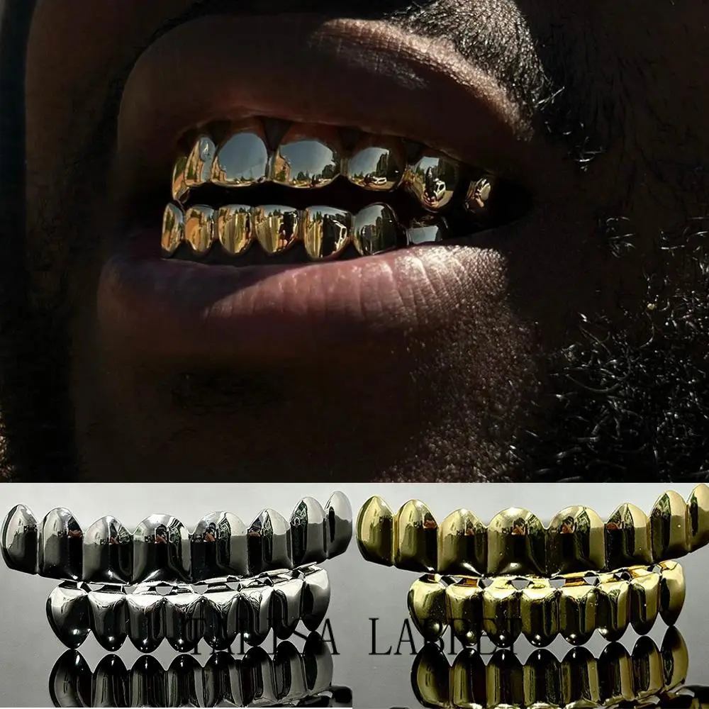 Hip Hop 8/8 Glossy Teeth Grillz Gold Silver Color Tooth Caps Braces Top Bottom Dental Grills For Women Men JewelryTALISA