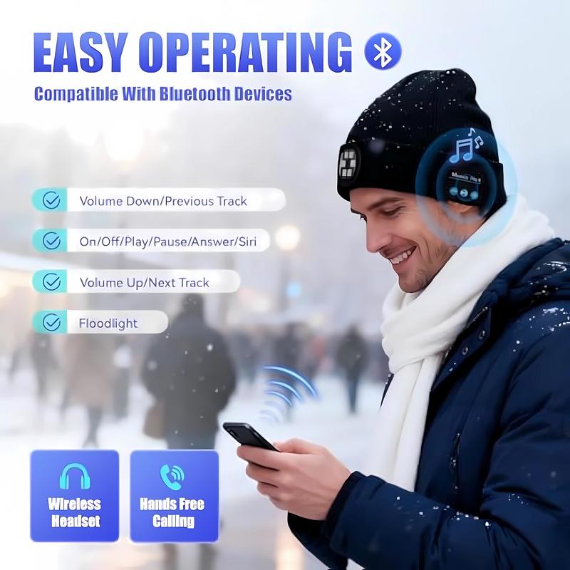Bluetooth Beanie with Light, Unisex USB Rechargeable LED Flashlight Hat with Cordless Headphones & Built-in Speaker Microphone, Christmas & Birthday Gifts for Men, Husband & Teenagers