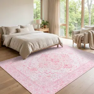 XEXSIN Vintage Boho Area Rugs For Living Room Bedroom, Pink Soft Washable Printed Rug For Living Room Indoor Non Slip Stain Resistant Carpet For Dining Room Floral Rug For Home Decor Aesthetic