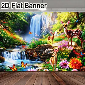 2D flat banner, 1pcVibrant forest-themed backdrop featuring a cascading waterfall, suitable for nature-inspired birthday parties, outdoor events, photography props, home decor, garden celebrations, and peaceful retreats. Available in various sizes.