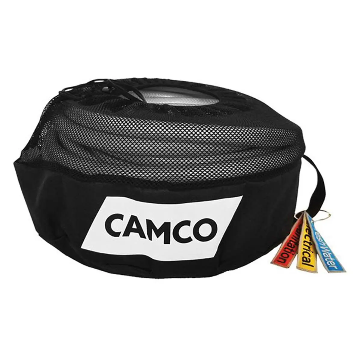 Camco Mesh Compartments Storage Bag - 16x10 in, Compact, 0.62 lbs, Multi-Color with ID Tag, Drawstring, Barrel Lock Clasp, Portable for RV Supplies & Hose Storage, Mesh Compartments Storage Bags