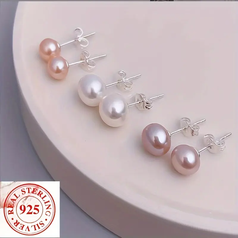 925 Sterling Silver Anti-Allergy Earrings - 3 Pairs 7-8mm Natural Freshwater Pearls, Simple Style White/Pink/Purple Jewelry for Daily Wear & Gift Giving, Christmas Accessory