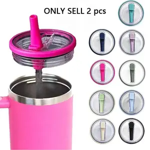 Two 40oz Ice King Cups with Colorful Lids, Thick Silicone Straw Covers, Plastic Cup Lids, Includes 2 Straws, Drinkware Accessories