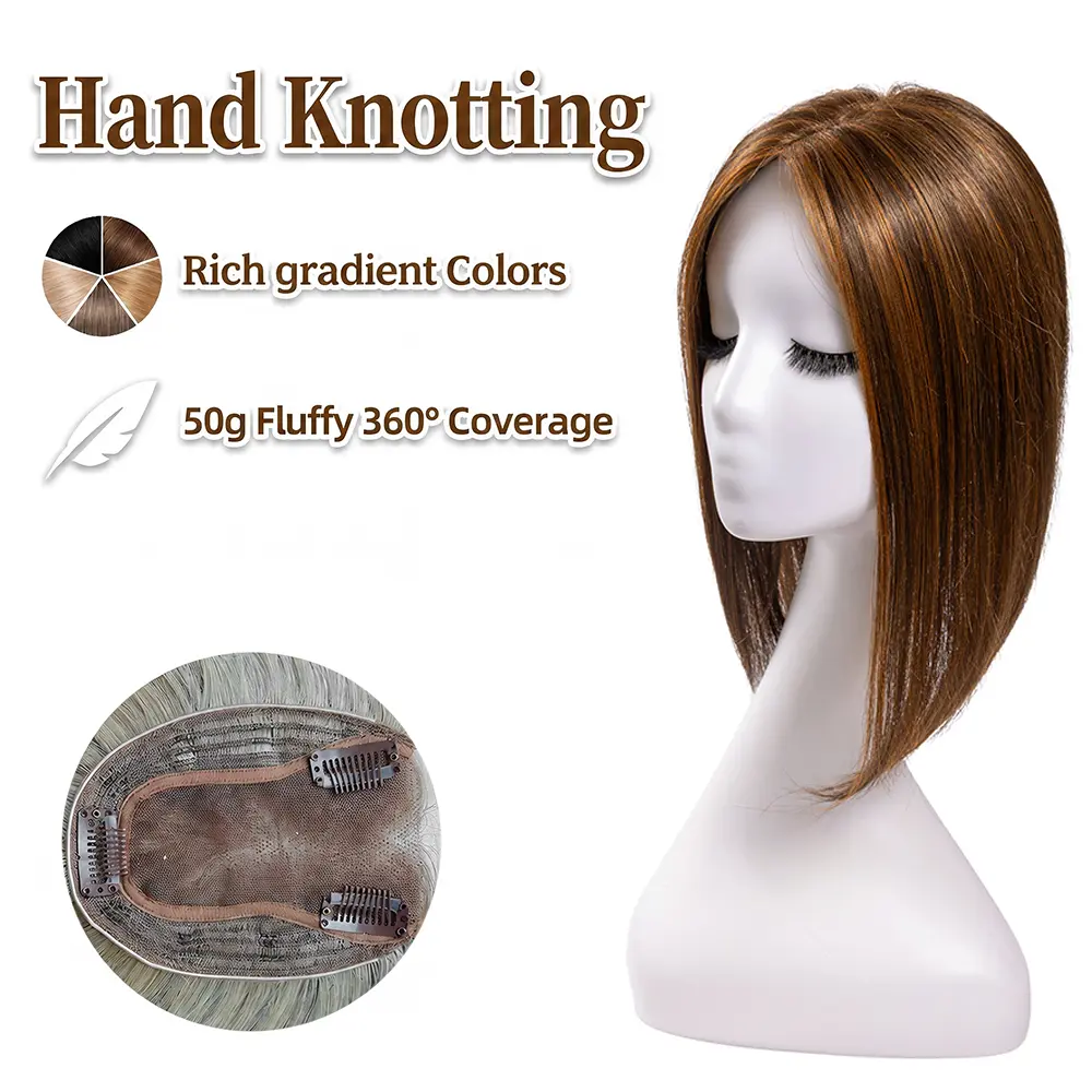 EC WIGS Women's 50g Volumizing Synthetic Hair Topper, 14in Straight Hairpiece, 4x4.8in Hand-Knotted Lace Base, 3D 360° Coverage, Breathable, Daily Grey Root Cover