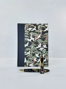 NEW A5 128-page Hardcover Notebook - White Cranes on Black Chiyogami Paper