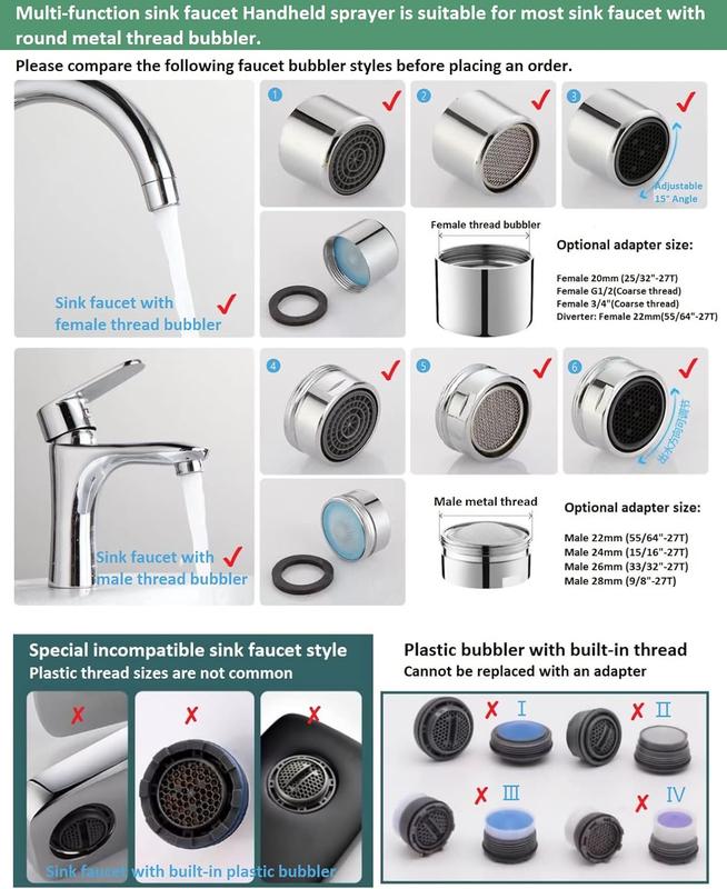 Sink Faucet Hose Sprayer Attachment handheld Sink Sprayer with ON/Off & 7 Adapters Extension Shampoo Hose Shower  for Hair Washing  Bath Pet Rinse (6.5ft  Sink Shower Set)