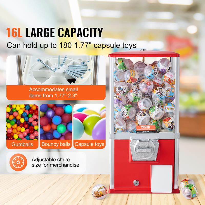VEVOR Gumball Machine for Kids,  , 21" Height Home Vending Machine, PS Bouncy Balls Dispenser, Hold 180 Capsule Toys, Rectangle Bubble Gum Machine for Game Stores, Coin Operated Gumball Bank, Red