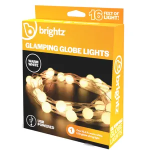 Brightz Glamping Globe Lights - 16 Feet of LED String Lighting for Tents & Campsites - USB Powered, Weather Resistant, Easy Setup
