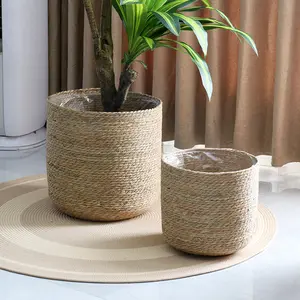 Nordic Rattan Woven Grass Flower Pot Simple Woven Flower Basket Green Plant Decoration Large Set Pot Living Room Balcony Floor Flower Container