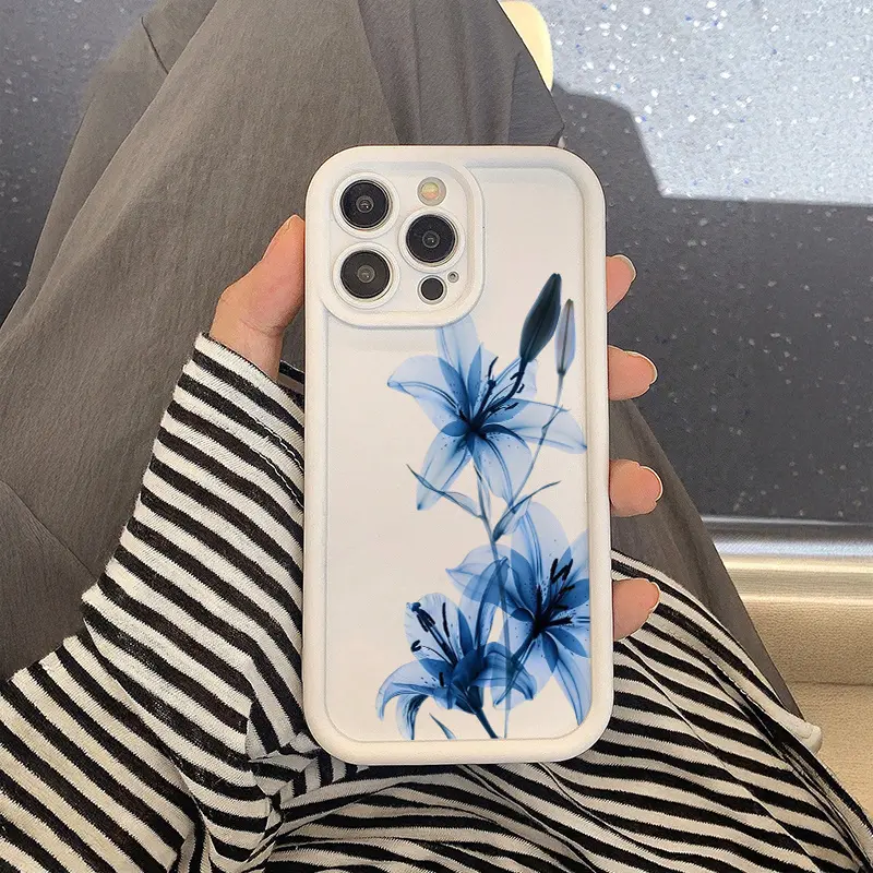 Watercolor blue lily pattern, drop-proof and non-slip TPU full-coverage lens phone case, compatible Watercolor blue lily pattern, drop-proof and non-slip TPU full-coverage lens phone case, compatible