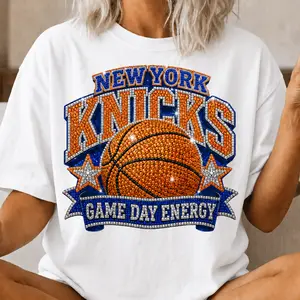 New York K Basketball Shirt, Orange Blue Rhinestone Effect Print Tee, Game Day Energy Graphic T-Shirt, Vintage NYC Basketball Shirt, Retro Sports Streetwear, Basketball Lover Gift