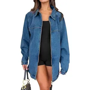 Tankaneo Womens Oversized Denim Jackets Casual Zip up Spring Long Sleeve Jean Jacket with Pocket