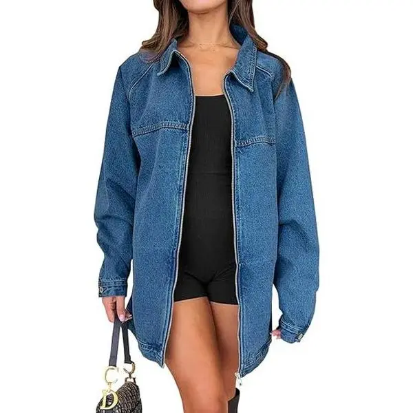 Tankaneo Womens Oversized Denim Jackets Casual Zip up Spring Long Sleeve Jean Jacket with Pocket