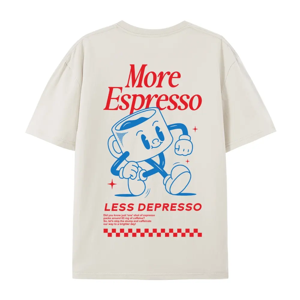 Men's Oversized Breathable Short-Sleeve Streetwear T-Shirt - Contrasting Color Printing, "More Espresso Less Depresso" Coffee Cup & Letter Patterns, Casual Top, Tshirt, Shortsleeve, Menswear, Fabric