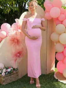 LAFERLIN Pregnant Lady Flora Contrast Netting Uncovered Chest Body Hugging Gender Reveal Babyshower Pink Bump Friendly Coastal Cowgirl