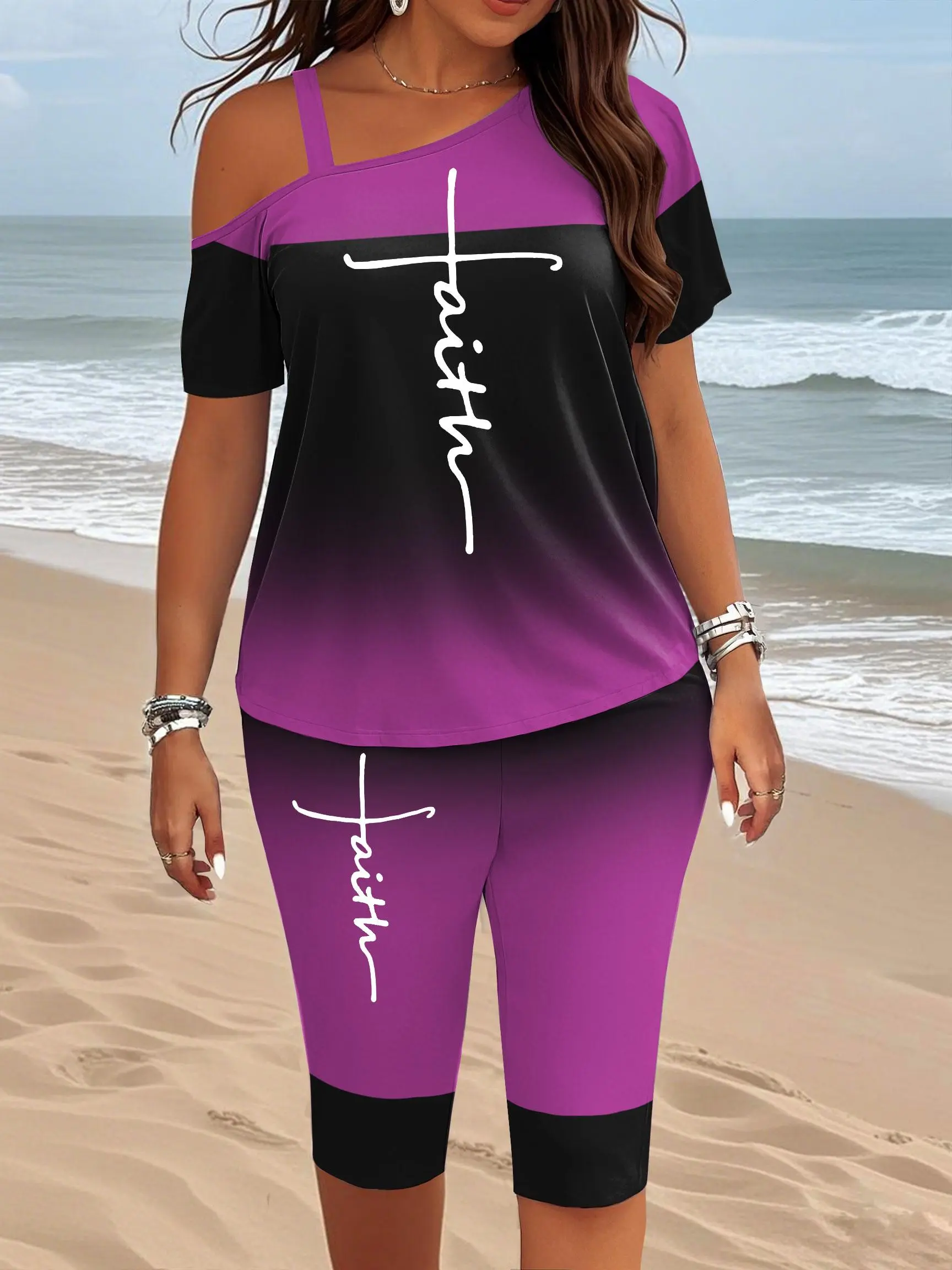 Women's two-piece resort-style set featuring a gradient print and "Faith" lettering; suitable for loungewear.