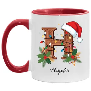 CubeBik Personalized Christmas Name Accent Mug - Personalized Hot Chocolate Mug - Monogram Mug Christmas Coffee Cup
