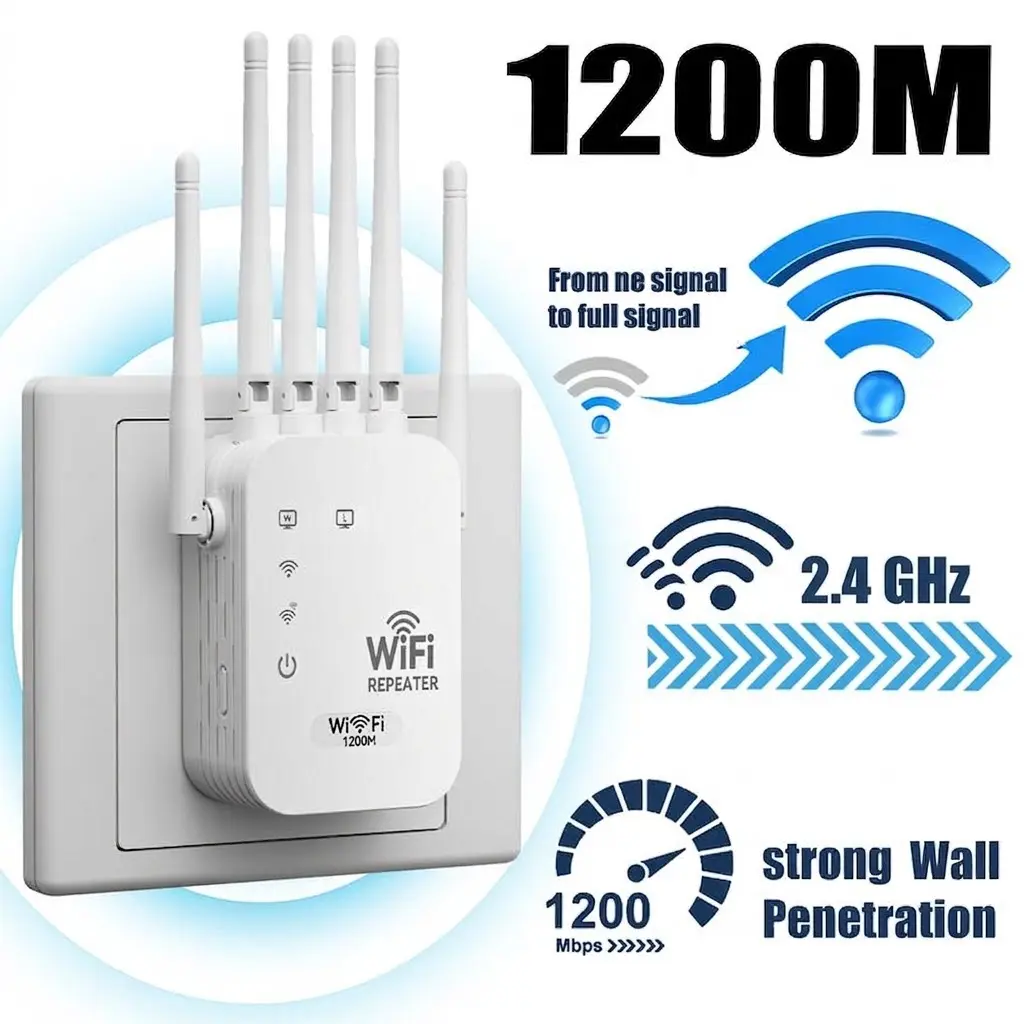 WiFi Repeater 2026, 1200Mbps Dual Band Range Extender, 6 High-Gain Antennas, Covers Up to 10000 Sq.Ft, Connects Up to 50 Devices, Ethernet Port, WiFi Booster for Home, Gaming & Office
