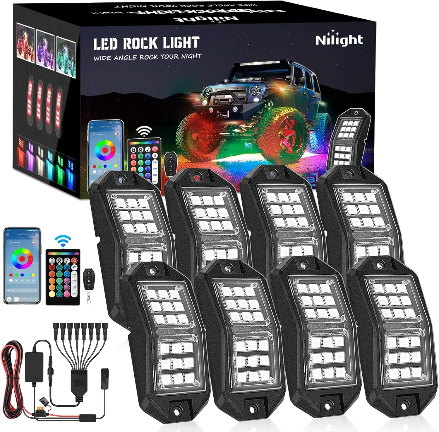 Nilight Luminous RGB Color Changing LED Rock Lights Kit - 8 PCS 18LED Wide Angle Beam, Wireless Remote & Bluetooth App Dual Control, 16M Static Underglow Neon Pods with Buttons & Hardware, IP67 Rated, Music Sync for ATV, Boat