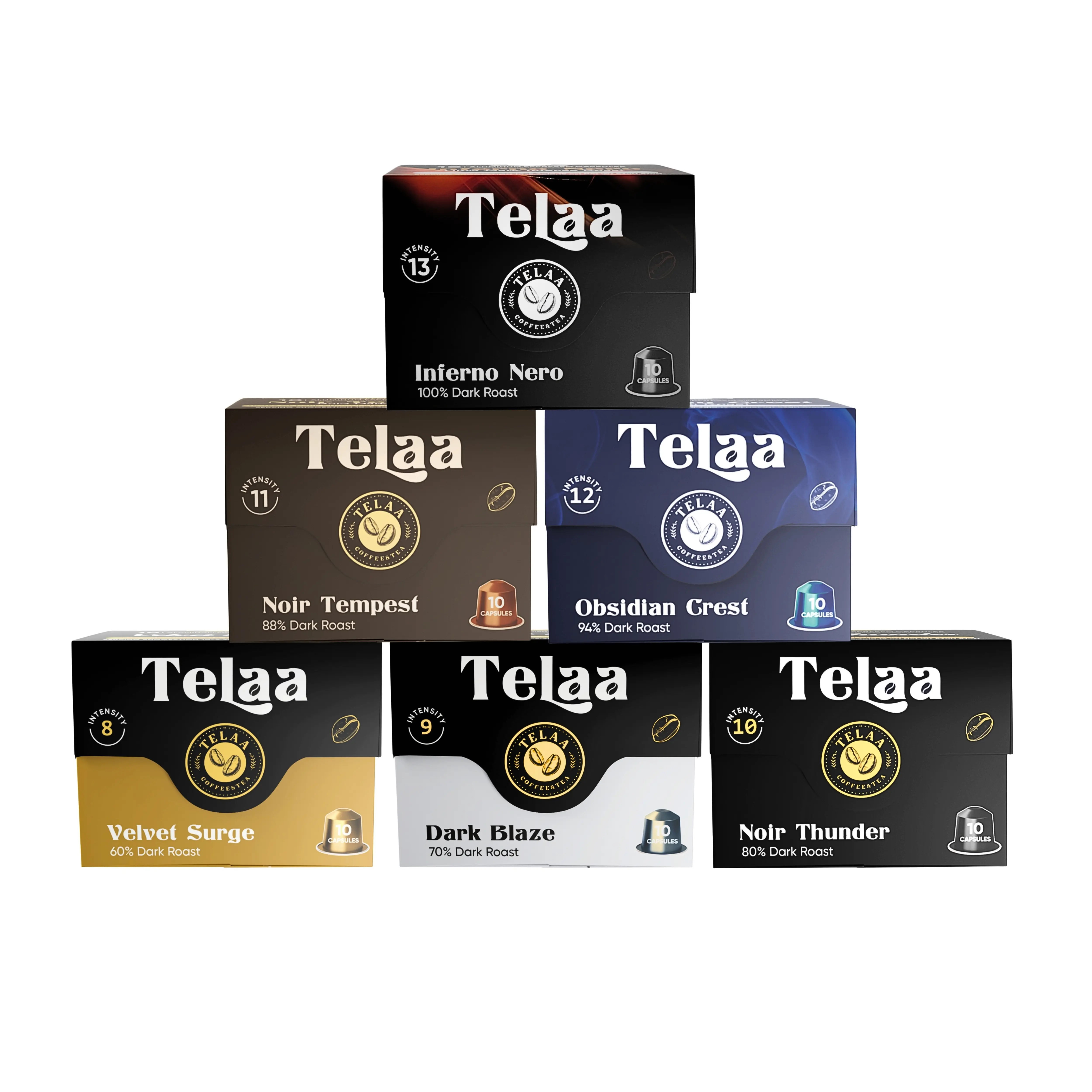 Telaa Coffee Capsules Variety Pack - 60 Aluminum Single-Serve Coffee Pods, Intensity 8-13, Medium to Italian Ultra Dark Roast, Arabica & Signature Blends, Chocolate Nutty to Smoky Bold Flavors, Original Line Espresso Machine Compatible,coffe