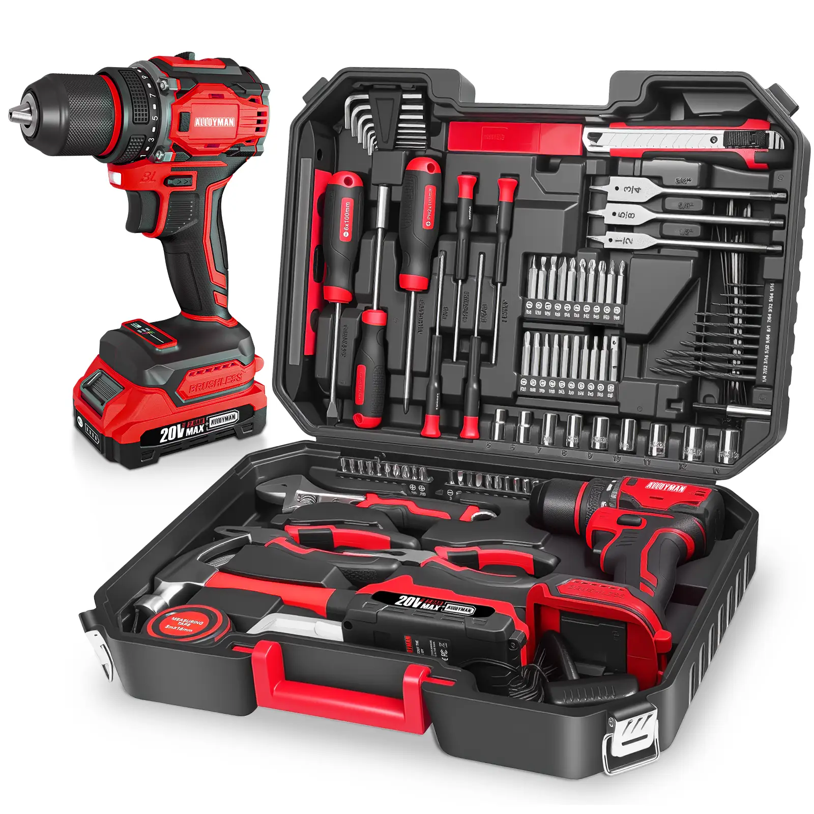Alloyman Household Tool Set, 174-Piece Home Tool Kit with 20V MAX Cordless Drill, Household Tool Kit for Homeowners and DIY Enthusiasts, for Everyday