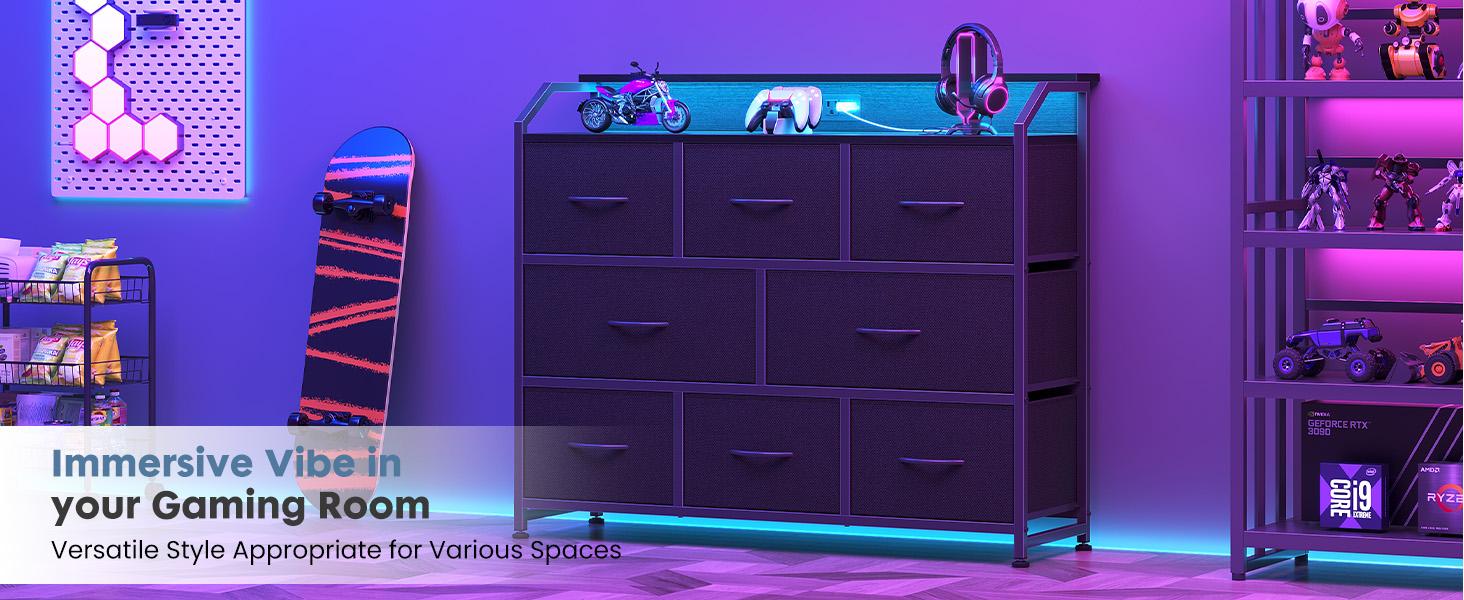 8 Fabric Drawers Dresser with Power Outlets LED Light, Multifunctional TV Stand Storage Cabinet for Bedroom, Living Room, Office, Hallway