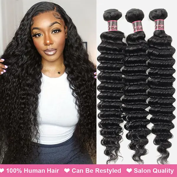 Uwigs Deep Wave Remy Human Hair Extension Bundles, Long Weave in Natural Color with Thick Double Weft, Dyeable & Restylable, 10inch 1pc, Curly Weave Extensions, Remy Hair