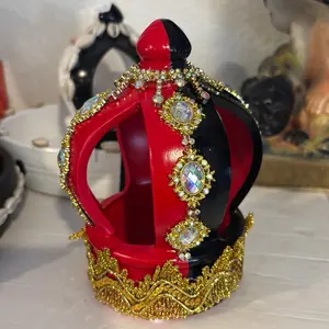 Corona de Elegua - Red and Black Crown with Gold Trim and Crystal Accents for Festive Celebrations