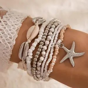 7pcs Shell Starfish Bracelet Set - Chic Handcrafted Beaded Jewelry - Vintage Bohemian Style, Adjustable Charm Bracelets for Women - Perfect Beach Fashion Statement, Ideal Gift Option