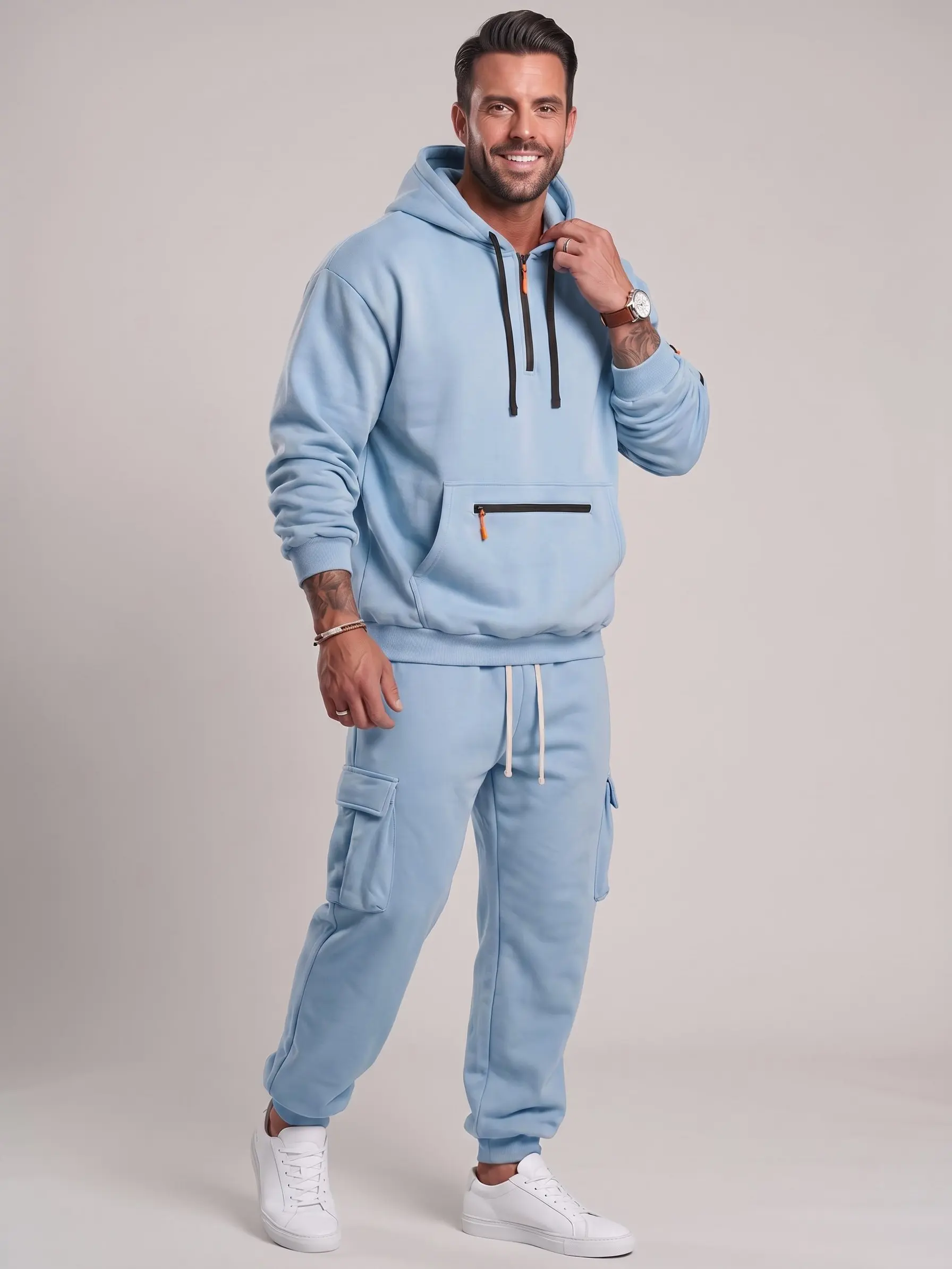 KZZ Men's 2 Piece Activewear Set, Long Sleeve Fleece Lined Workwear Jacket and Pants with Multiple Pockets for Winter, Menswear, Matching, Clothes, Casual Fit, Loose, Matching Set, Extra‑Warm Fleece