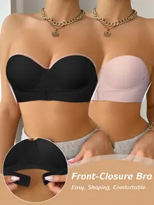 2-Pack Women’s Seamless Push Up Elegant Bra, Front Closure Lift Medium Support Underwire Bra for Everyday Wear