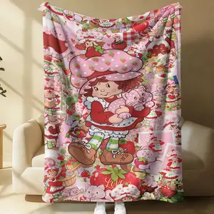 Cute Pink Strawberry Shortcake Collage Flannel Fleece Throw Blanket, Ultra-Soft Cartoon Print Blanket for Girls Kids, Lightweight Summer Air Conditioner Blanket for Sofa Bed Office Car Camping Travel