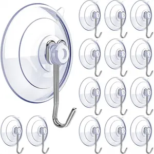 Suction Cup Hooks,15 PCS Clear Suction Cup for Glass Window Decor Shower Bathroom Glass Window Shower Kitchen, Reusable PVC Cups with Removable Stainless Hooks, Assorted
