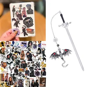 Fourth Wing Dragon Sword Bookmark Set, 1 Count Vintage Metal Tassel Pendant with 60pcs Holographic Stickers, Reading Bookmark for Bookworms, Men, Boys, Readers