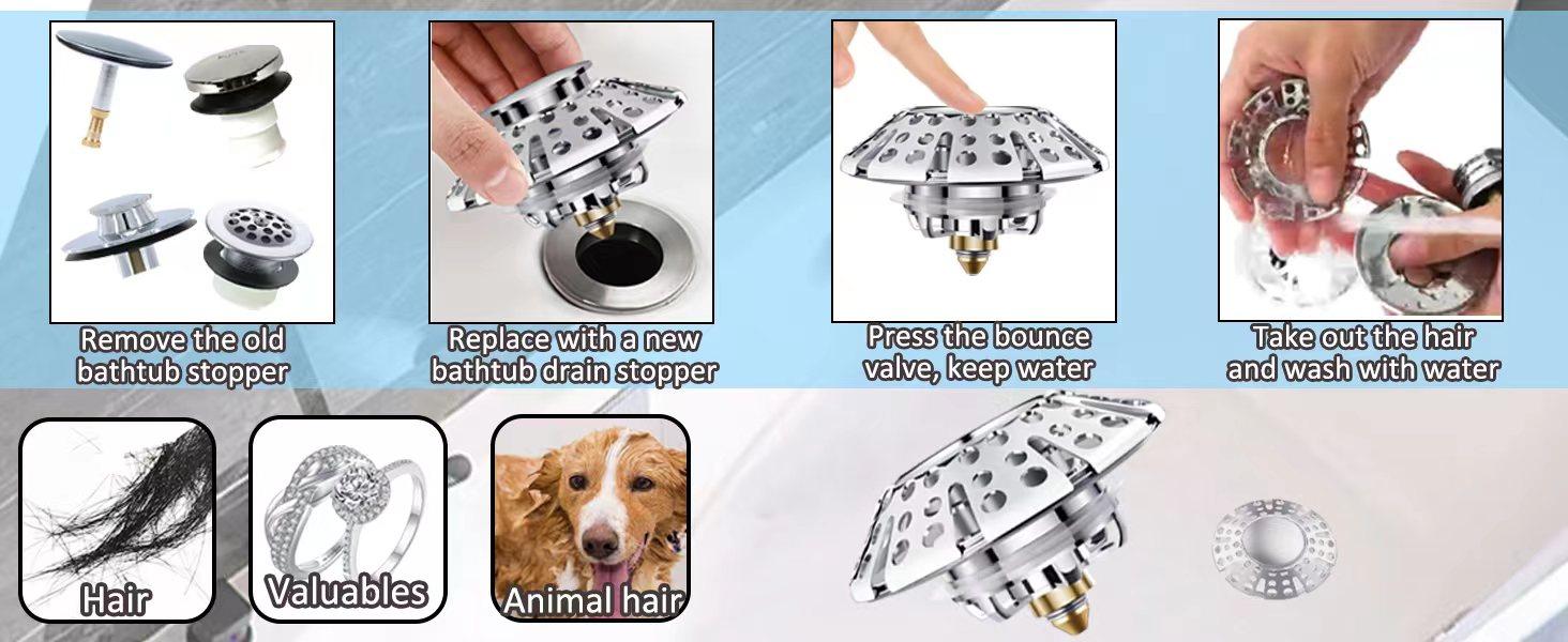 Universal Tub Stopper Bathtub Drain Plug, Pop Up Tub Drain Hair Catcher, Drain Cover with Strainer, for 1-3/8 to 2in Bath Drain Hole