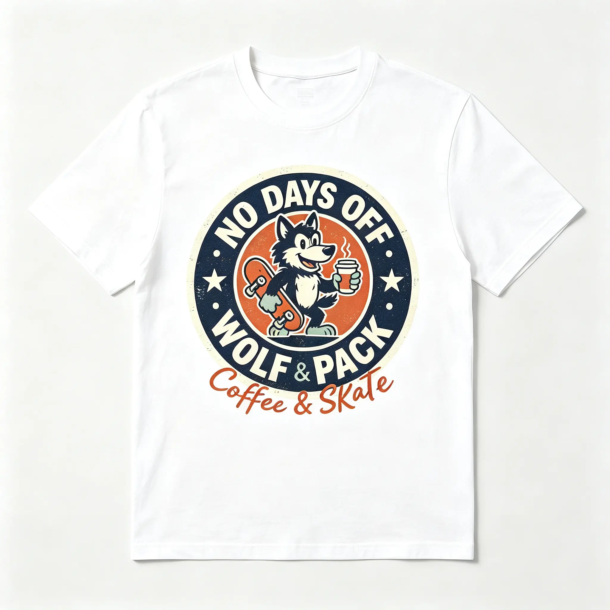 No Days Off Wolf Pack Coffee & Skate Retro Cartoon Wolf Skateboard Graphic T-Shirt Unisex Vintage Washed Tee
