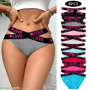 Women's 8-PCS Sporty Comfortable Fit Panties, English Letter Print Cross-Strap Mid-Waist, Personalized Design, Pure Cotton Crotch, for Everyday Casual Sports Underwear