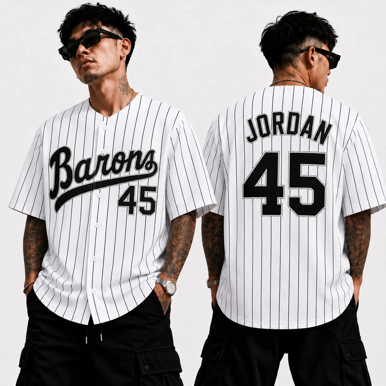 White Pinstripe Baseball Jersey, Number 45 Button-Up Sports Shirt, Retro Black and White Game Day Top, Unisex Streetwear