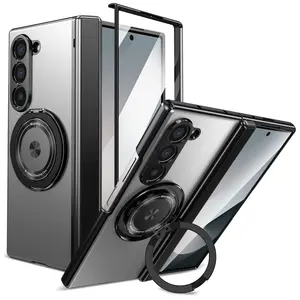 VIETAO Aluminum Alloy Back Cover Mobile Phone Case For Samsung Galaxy Z Fold 7 6 With 360° Rotating Ring Kickstand, Front Film