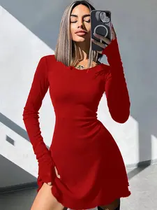 Women's Plain Lace Up Tie Back Ribbed Dress, Casual Elegant Classy Flattering Long Sleeve Round Neck A Line Short Dress for Spring & Fall, Women's Clothing for Daily Wear，wedding outfit