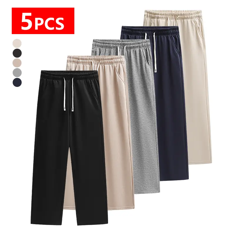 Menswear 5-Pack Men's Casual Trousers - Stylish Solid-Color Athletic Long Pants, Elastic Drawstring Waist, Straight-Leg Jogger Pants (Unisex Fit), Trouser