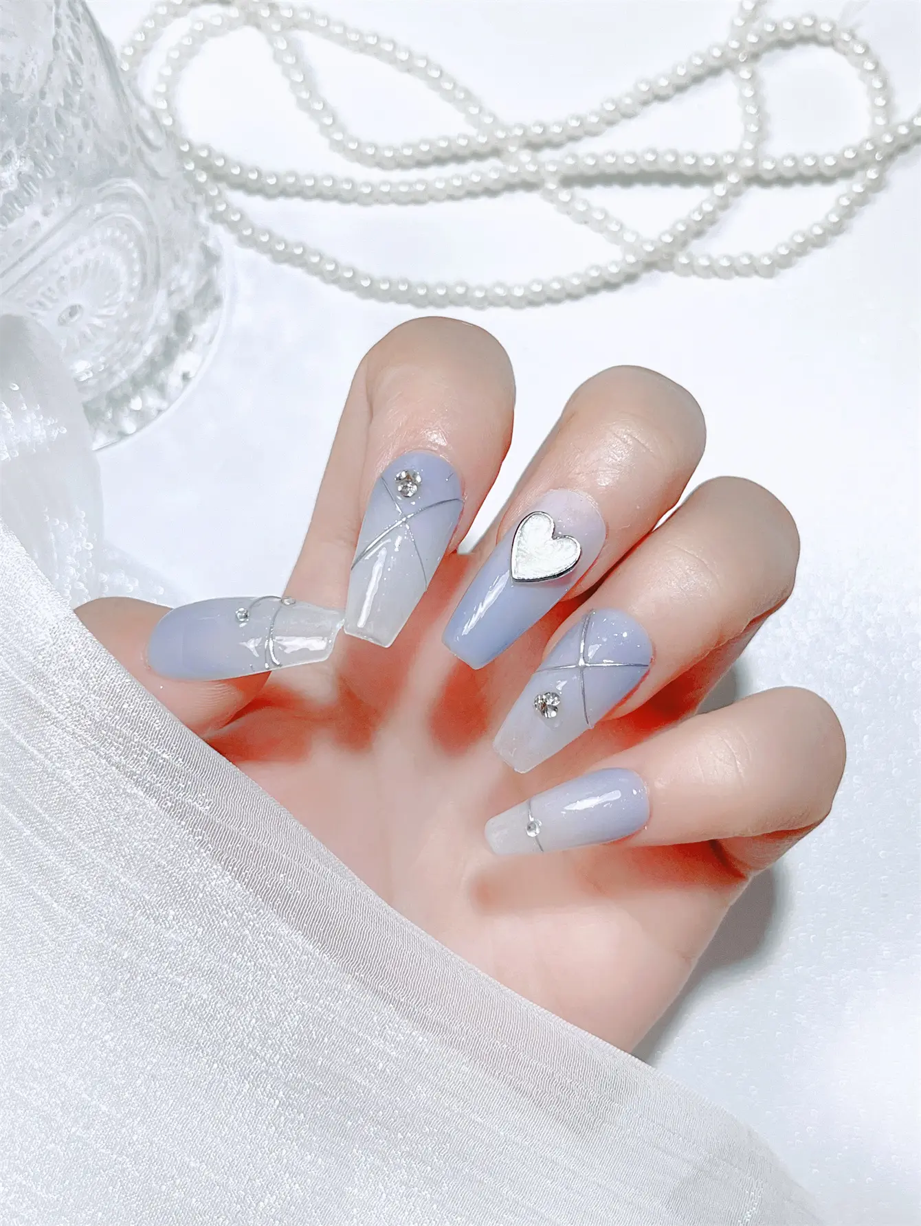 10Pcs Handmade Press On Nails Kit Long Coffin Nude White Blue, Glitter Nails, Glossy Fake Nails