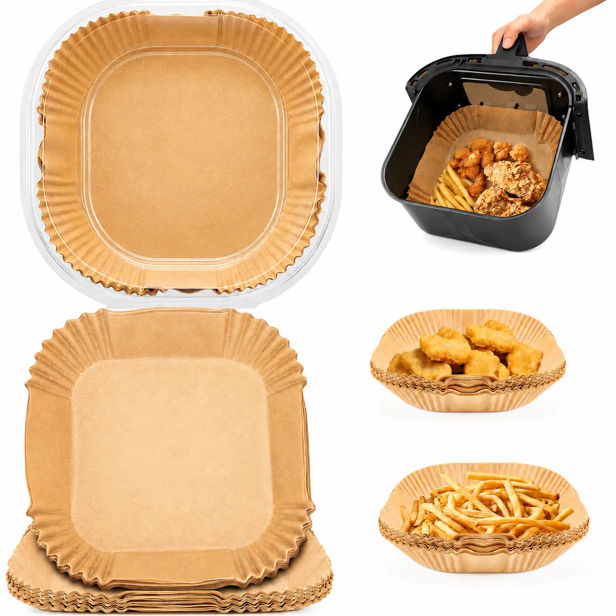 Oil Resistant Square Fryer Parchment Paper Liner (100 Pcs), for All Size Square Air Fryers, Microwave & Conventional Oven Use, Disposable Non-Stick Bakeware, Time-Saving Daily Kitchenware