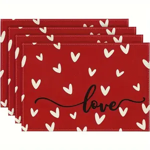 For Valentine's Day, Holiday Parties & Home Use, Table Protection & Decoration Solution, Red Heart Linen Placemats, Heat-resistant Non-slip Easy Clean, Effortlessly Create Romantic Holiday Dining Atmosphere, 4 Pack