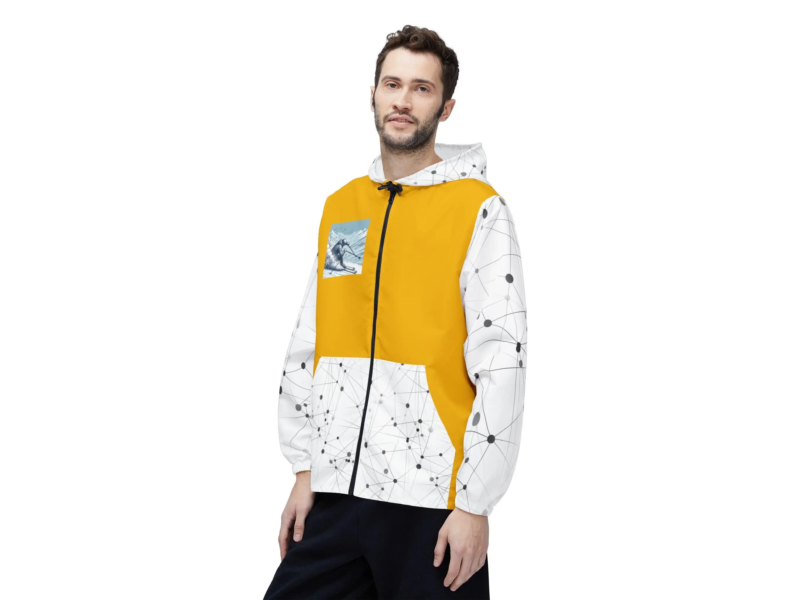 Adventure-Ready Hooded Windbreaker Jacket - Earthy Yellow with Skier Design, Lightweight & Travel-Friendly. Fabric Menswear Womenswear Unisex Kangaroo Outdoor Coats Skiing Sport Athletic