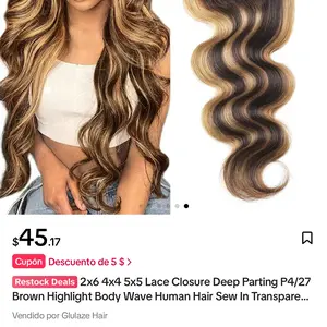 2x6 4x4 5x5 Lace Closure Deep Parting P4/27 Brown Highlight Body Wave Human Hair Sew In Transparent Lace Closure