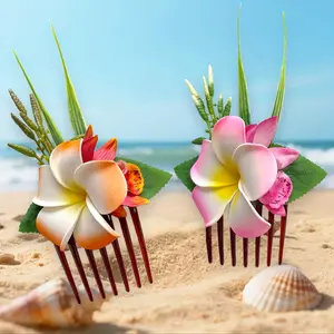 Hawaiian Foam Artificial Orchid Hair Combs 2pcs Vibrant Tropical Flower Design with Green Leaves & Red Stems Perfect for Weddings